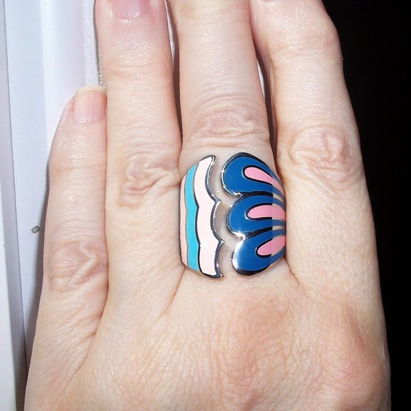 STAINLESS STEEL Open Front Epoxy Wave Ring - Picture 2 of 16